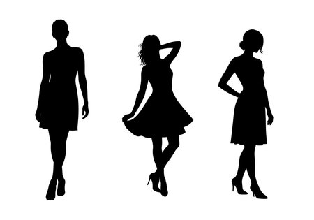 3 women silhouette. Three women in various poses wearing elegant dresses and high heels, showcasing stylish fashion. Vector clipart black illustration design.のイラスト素材