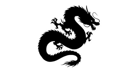 Japanese dragon silhouette. This image shows a black silhouette of a Japanese dragon with a serpentine body, intricate scales, claws, and whiskers. Vector illustration black clipart design.のイラスト素材