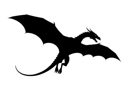 Flying dragon silhouette. This image showcases a black silhouette of a dragon in flight with wings spread wide, exuding a fierce and dynamic presence. Vector illustration black clipart design.のイラスト素材