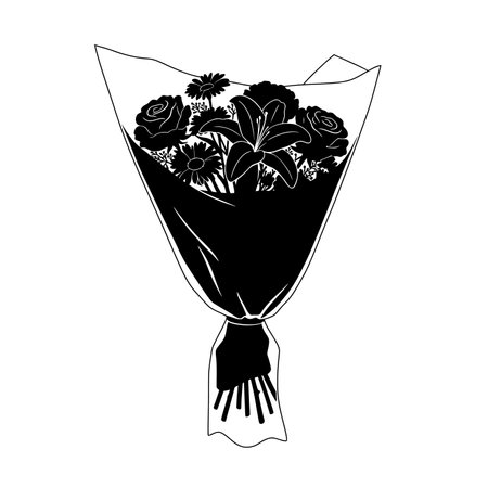 Bouquet silhouette. This image features a black silhouette of a flower bouquet wrapped neatly, with intricate floral details. Vector illustration black clipart design.のイラスト素材