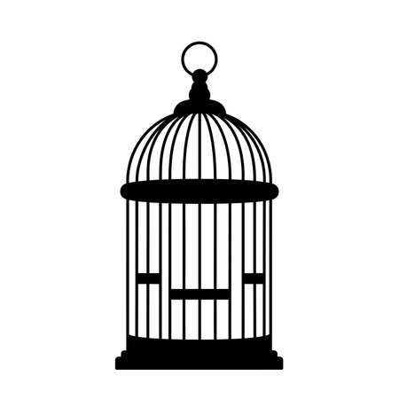 Bird cage silhouette. This image features a black silhouette of a bird cage with a dome-shaped top and vertical bars. Vector clipart black illustration design.のイラスト素材