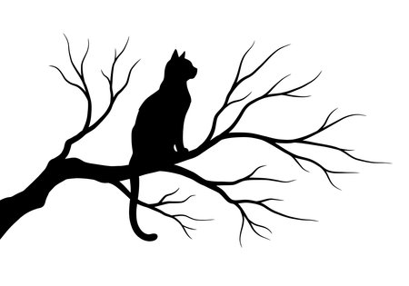 Cat on branch silhouette. A black silhouette of a cat perched gracefully on a tree branch surrounded by leaves. Vector clipart black illustration design.のイラスト素材