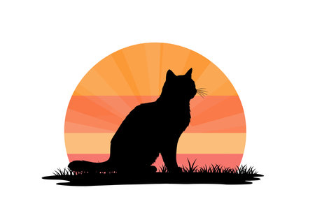 Cat silhouette sunset. A black cat silhouette sits on grass with an orange and yellow sunset in the background. Vector clipart black illustration design.のイラスト素材
