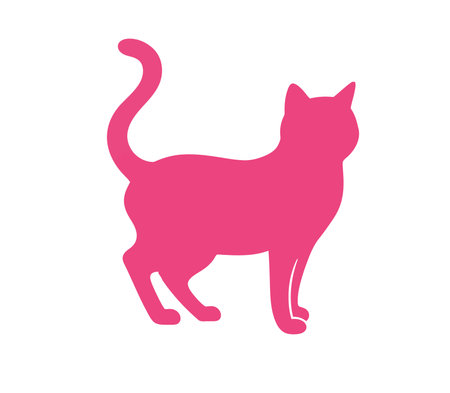 Pink cat silhouette. A pink silhouette of a standing cat with its tail curved upward, showcasing a creative and vibrant design. Vector clipart black illustration design.のイラスト素材