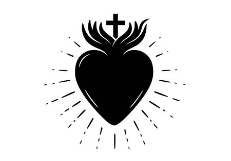 Sacred heart silhouette. Sacred heart symbol with cross and rays, also known as sacred heart of Jesus or sacred heart symbol, representing faith, devotion, and holiness. Vector clipart black illustration design.のイラスト素材