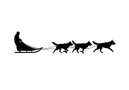 Dog sled silhouette. This image portrays a team of dogs pulling a sled, also referred to as dog mushing or sled racing. Vector clipart black illustration design.のイラスト素材