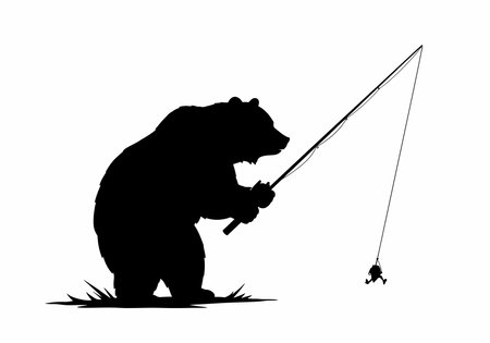Bear fishing a fish silhouette. This image shows a bear fishing with a rod, catching a fish, depicted in a simple, striking style. Vector clipart illustration design.のイラスト素材