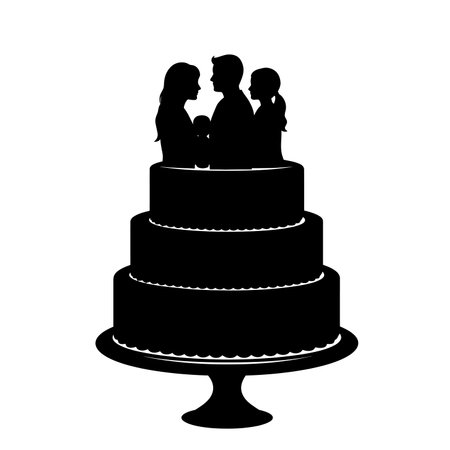 Family silhouette cake. This image shows a tiered cake with silhouettes of family members, including a man, woman, and child, symbolizing unity and celebration. Vector clipart illustration design.のイラスト素材