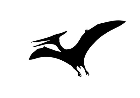 Pterodactyl silhouette. This image shows a black silhouette of a pterodactyl, also known as a pterosaur, with outstretched wings and an open beak. Vector clipart illustration design.のイラスト素材