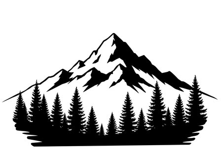 Mountain and pine tree silhouette. This image displays a majestic mountain surrounded by pine trees, symbolizing alpine wilderness and serene landscapes. Vector clipart illustration design.のイラスト素材