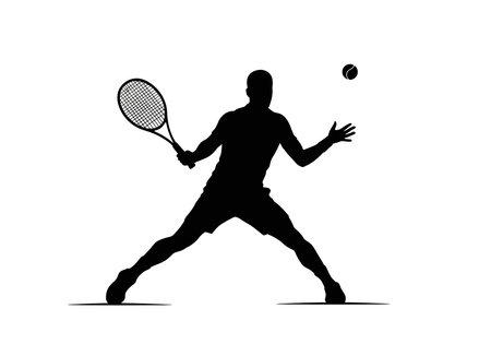 Silhouette of tennis player. This image shows a black silhouette of a tennis player in action, holding a racket and preparing to hit a ball during a match. Vector clipart illustration design.のイラスト素材