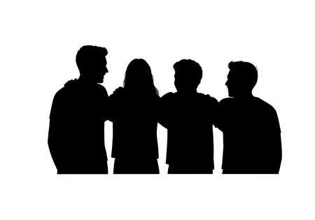 Friends silhouette. This image shows a group of friends standing together with arms around each other in a black silhouette, symbolizing unity and companionship. Vector clipart illustration design.のイラスト素材
