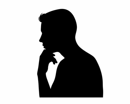 Person thinking silhouette. This image shows a silhouette of a person in a thoughtful pose with the head resting on the hand, symbolizing reflection and contemplation. Vector clipart illustration design.のイラスト素材