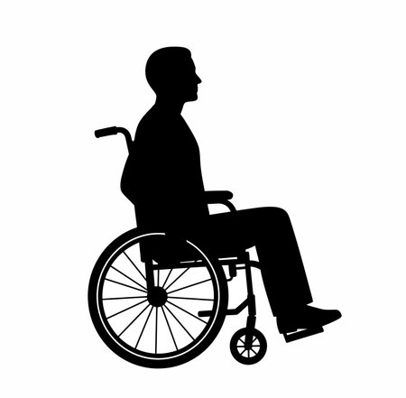 Wheelchair person silhouette. This image shows a black silhouette of a person sitting in a wheelchair, symbolizing mobility, accessibility, and healthcare. Vector clipart illustration design.のイラスト素材