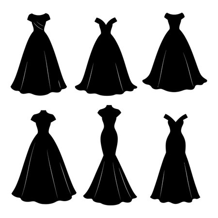Gown silhouettes. This image shows six different black gown silhouettes in various styles and shapes, representing elegant and formal evening wear. Vector clipart illustration design.のイラスト素材