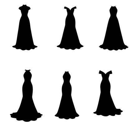 Silhouette prom dresses. This image shows six black silhouettes of elegant prom dresses, highlighting various styles and shapes. Vector clipart illustration design.のイラスト素材