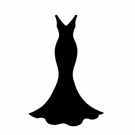 Mermaid silhouette dress. This image shows a black mermaid silhouette dress with a fitted waist and flared hem, representing elegance and fashion. Vector clipart illustration design.のイラスト素材