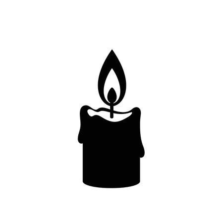Candle light silhouette. This image shows a black and white silhouette of a burning candle with a flame and wick, representing illumination and warmth. Vector clipart illustration design.のイラスト素材