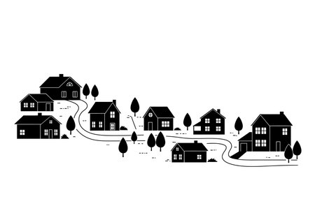 Neighbourhood silhouette. This image shows a black silhouette of a rural or suburban community with houses, trees, and winding paths in detail. Vector clipart illustration design.のイラスト素材