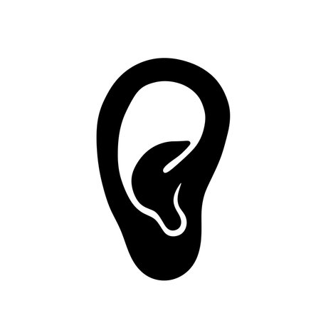 Ear silhouette. This image shows a black silhouette of a human ear, also known as an ear outline or ear contour, symbolizing hearing and anatomy. Vector clipart illustration design.のイラスト素材
