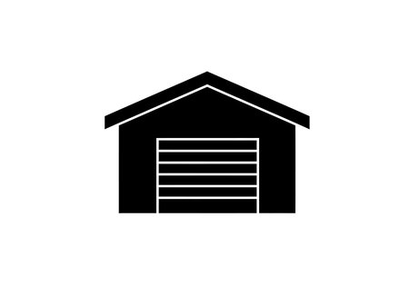 Garage silhouette. This image shows a black silhouette of a garage with a slanted roof and sectional door, also known as a storage structure or carport. Vector clipart illustration design.のイラスト素材