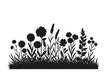Flower garden silhouette. This image shows a variety of flowers and plants in a garden, depicted in black silhouette style, symbolizing nature and beauty. Vector clipart illustration design.のイラスト素材