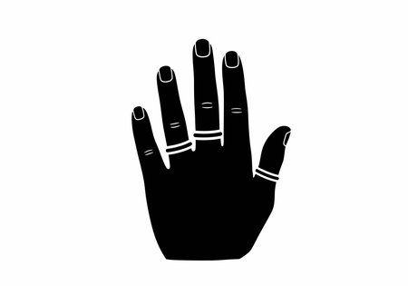 Ring finger silhouette. This image showcases a hand with rings adorning its fingers, also referred to as a hand outline or finger contour. Vector clipart illustration design.のイラスト素材