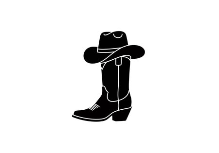 Cowboy boot and hat silhouette. This image displays a black silhouette of a cowboy boot with a cowboy hat resting on top, symbolizing western culture and fashion. Vector clipart illustration design.のイラスト素材