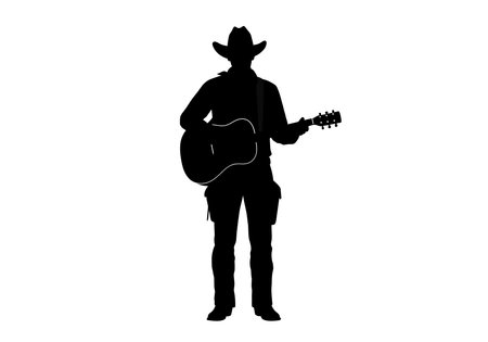 Cowboy with guitar silhouette. This image shows a cowboy playing an acoustic guitar, depicted as a black silhouette, symbolizing western music and culture. Vector clipart illustration design.のイラスト素材