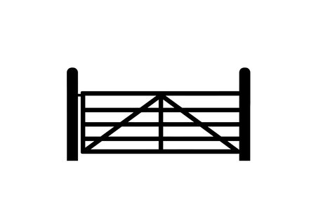 Farm gate silhouette. This image shows a black silhouette of a farm gate with wooden posts and horizontal rails, symbolizing rural entrance and boundary. Vector clipart illustration design.のイラスト素材