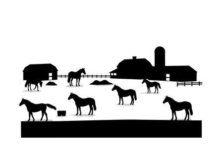 Horse farm silhouette. This image shows a vector clipart illustration design of a horse farm silhouette with barns, stables, horses, and a rural landscape. Vector clipart illustration design.のイラスト素材