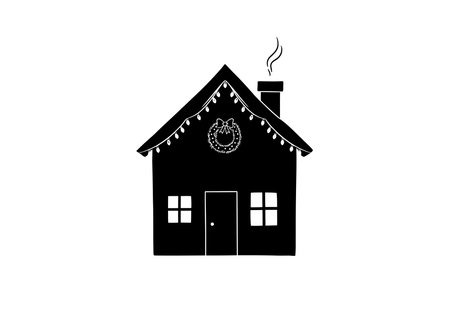 Christmas house silhouette. This image shows a black silhouette of a house decorated for Christmas with a wreath, string lights, and smoke coming from the chimney. Vector clipart illustration design.のイラスト素材