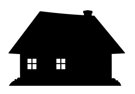 Village house silhouette. This image shows a black silhouette of a house with a pitched roof, chimney, and windows, resembling a rural cottage or dwelling. Vector clipart illustration design.のイラスト素材