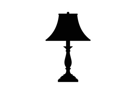 Lamp silhouette. This image shows a black silhouette of a table lamp with a classic design, featuring a lampshade and a decorative base. Vector clipart illustration design.のイラスト素材