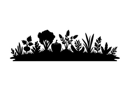 Vegetable garden silhouette. This image showcases a black silhouette of a vegetable garden with various plants and crops such as carrots, lettuce, and herbs. Vector clipart illustration design.のイラスト素材