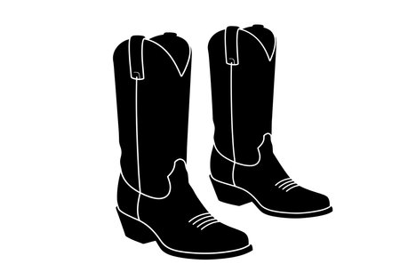 Cowboy boots silhouette. This image shows a black silhouette of classic cowboy boots with tall shafts and detailed stitching, symbolizing western fashion and culture. Vector clipart illustration design.のイラスト素材