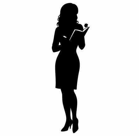 Nancy Drew silhouette. Mystery girl detective standing with notebook and flower, representing spy, investigator, and secret agent themes. Vector clipart illustration design.のイラスト素材