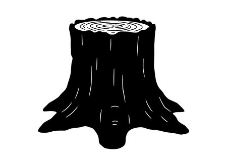 Stump silhouette. This image shows a black and white silhouette of a tree stump with visible rings and bark texture. Vector clipart illustration design.のイラスト素材