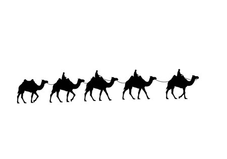Camel Caravan Silhouette. This image shows a black silhouette of a camel caravan, also referred to as a camel train or desert trek, with camels walking in line and carrying loads. Vector clipart illustration design.のイラスト素材