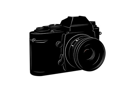 Film Camera Silhouette. This image shows a black silhouette of a film camera, also referred to as an analog or vintage camera, with lens and button details. Vector clipart illustration design.のイラスト素材