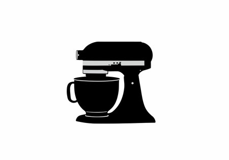 Kitchenaid silhouette. This image shows a KitchenAid mixer, also known as a stand mixer, depicted in black and white with a bowl attached. Vector clipart illustration design.のイラスト素材