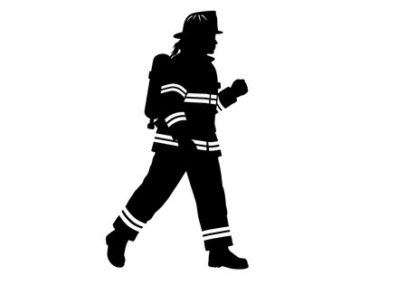 Female firefighter silhouette. This image depicts the black silhouette of a female firefighter, also referred to as emergency responder or rescue worker, showcasing bravery and strength. Vector clipart illustration design.のイラスト素材
