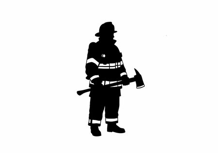 Firefighter silhouette. This image showcases a bold black silhouette of a firefighter in full gear holding an axe, also referred to as a rescue worker or emergency responder, symbolizing bravery and service. Vector clipart illustration design.のイラスト素材
