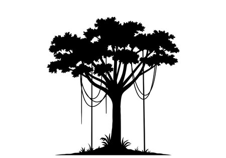 Rainforest tree silhouette. This image showcases a rainforest tree silhouette with lush, dense foliage and a vibrant tropical forest setting. Vector clipart illustration design.のイラスト素材