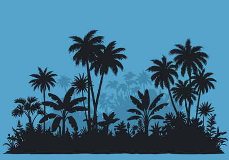 Tropical forest silhouette. This image depicts a tropical forest silhouette featuring lush foliage, palm trees, and greenery against a natural jungle landscape. Vector clipart illustration design.のイラスト素材