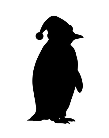 Christmas penguin silhouette. This image shows a black silhouette of a penguin wearing a Santa hat, symbolizing holiday cheer and winter festivities. Vector clipart illustration design.のイラスト素材