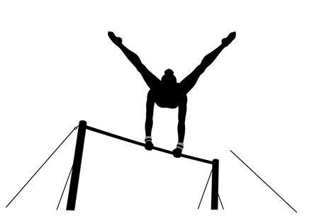 Gymnast on bars silhouette. This image shows a black silhouette of a gymnast performing on uneven bars, showcasing strength, balance, and artistic movement. Vector clipart illustration design.のイラスト素材
