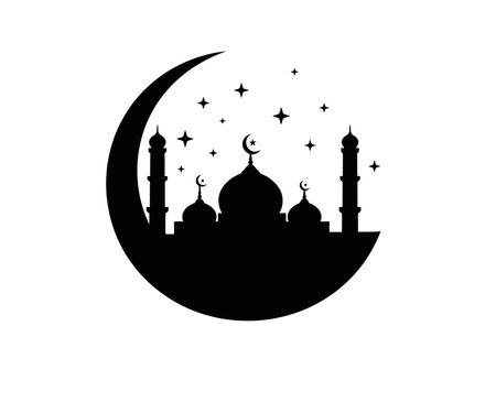 Ramadan silhouette. This image shows a mosque with minarets inside a crescent moon, surrounded by stars, symbolizing Ramadan and Islamic culture. Vector clipart illustration design.のイラスト素材