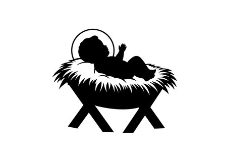 Jesus manger silhouette. This image shows a baby Jesus lying in a manger with a halo around the head, symbolizing the nativity scene. Vector clipart illustration design.のイラスト素材