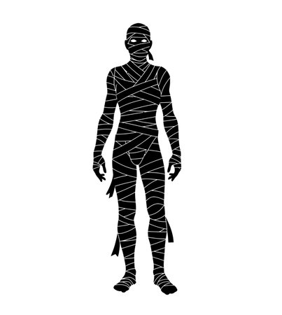 Mummy silhouette. This image shows a black silhouette of a wrapped mummy figure, an ancient Egyptian undead being often associated with horror and mythology. Vector clipart illustration design.のイラスト素材